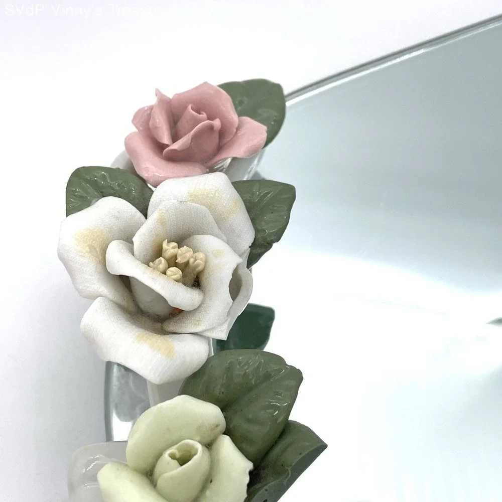 Vintage Oval Mirrored Vanity Tray Ceramic Porcelain Floral Rose Accents